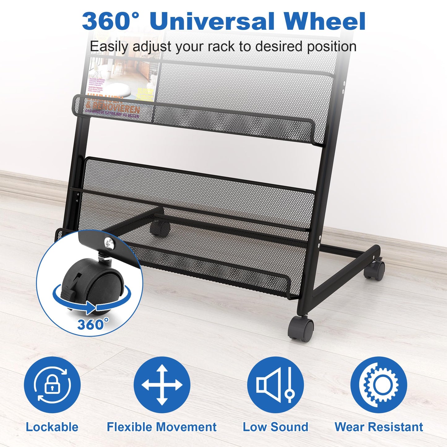 Qriocioa Brochure Display Stand 4 Layer Floor-Standing Magazine Rack Literature Newspaper Catalog Display Holder with Wheels and Top Billboard for Exhibitions,School, Hotel, Hospitals, Offices (Black)