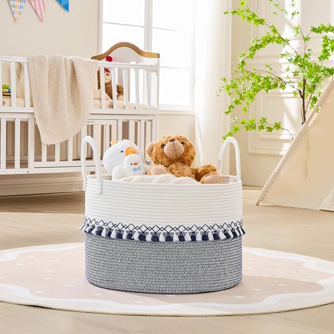 KAKAMAY Cotton Rope Storage Basket (20"x13"),Woven Hamper for Blankets,Toys,Pillows,Clothes,Laundry,Sturdy Handles Decorative Basket for Living Room, Bedroom,Nursery(Blue Printing)