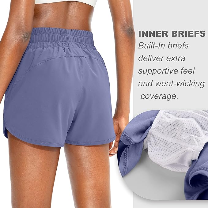 SANTINY Women's Running Shorts with Zip Pockets High Waisted Athletic Workout Gym Shorts for Women with Liner