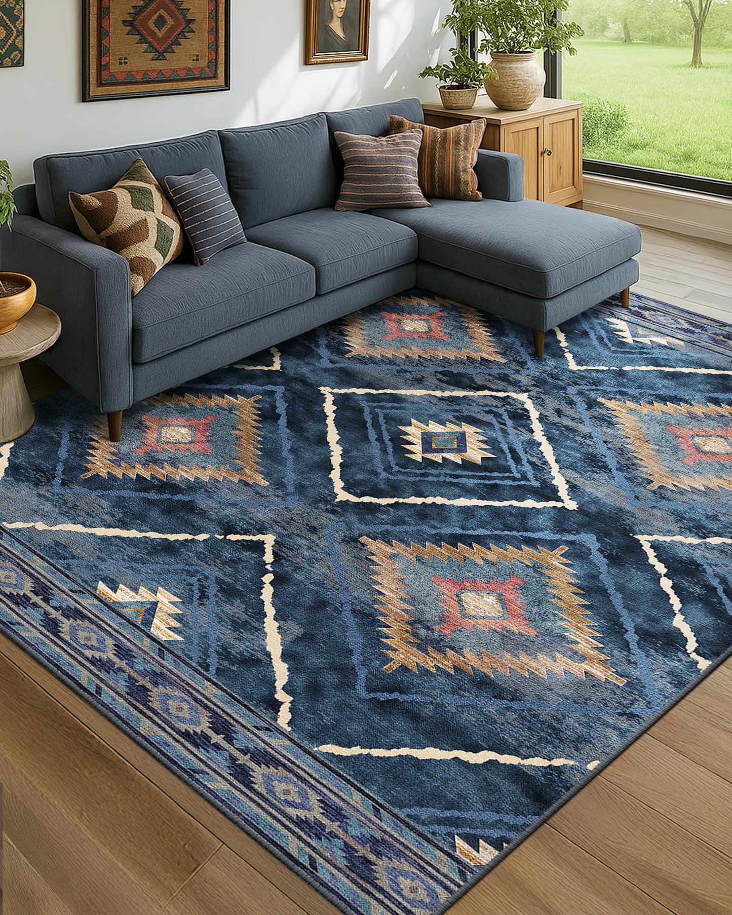 Area Rug 8x10 Rug Machine Washable Non-Slip Low Pile Print Pattern Western Rug for Living Room Bedroom Entryway Tribal Series -Darkblue