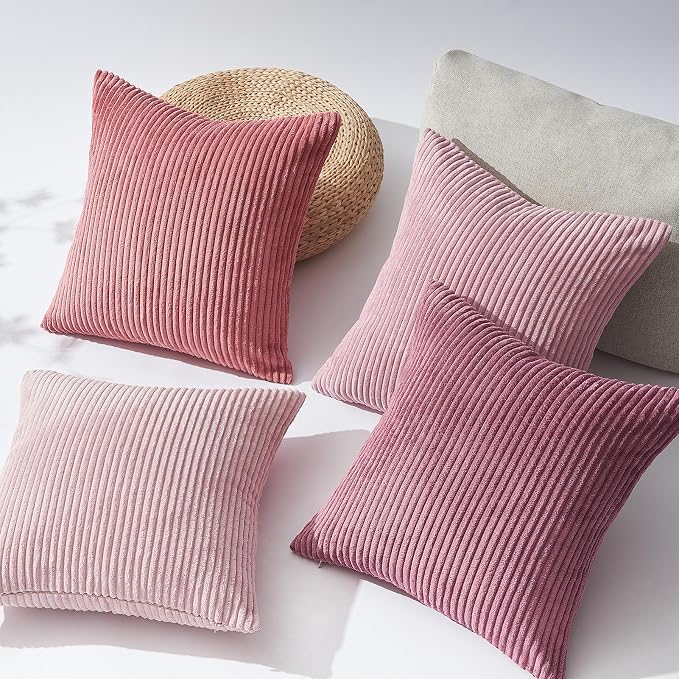 Topfinel Pink Throw Pillow Covers 16x16 Inch Set of 4,Soft Farmhouse Corduroy Decorative Cushion Cover,Square Cute Pillow Case for Gril's Bedroom Couch Sofa Living Room,Spring Series Home Decor
