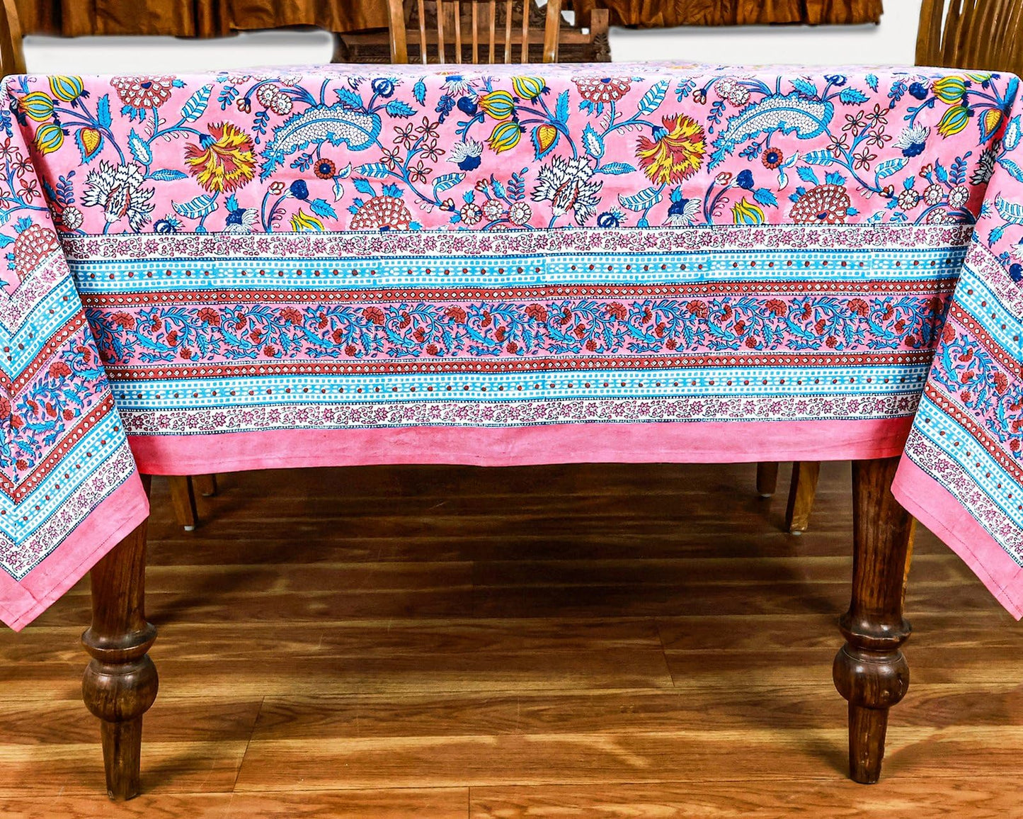 60x60 Inches Square Hand Block Printed Cotton Tablecloth, Pink Blue Floral Table Cloths Washable, Indian Table Linen for Valentine Thanksgiving Gifts Home Decor Dinning Outdoor