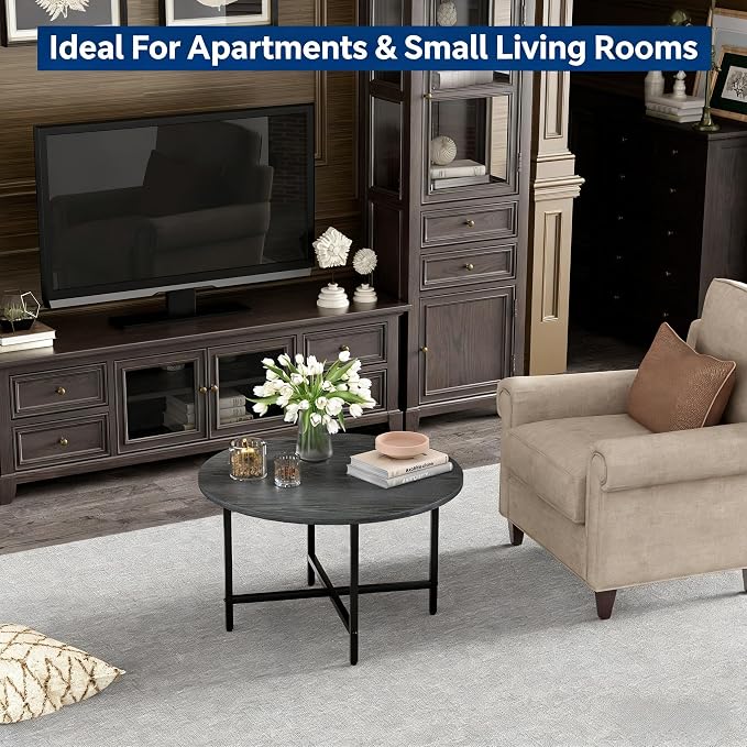 FAMIDGE Round Coffee Table, 23.6" Small Coffee Tables for Living Room, Circle Coffee Table with Metal Frame, Floor Table Desk for Sitting on The Floor, Home, Office, Grey