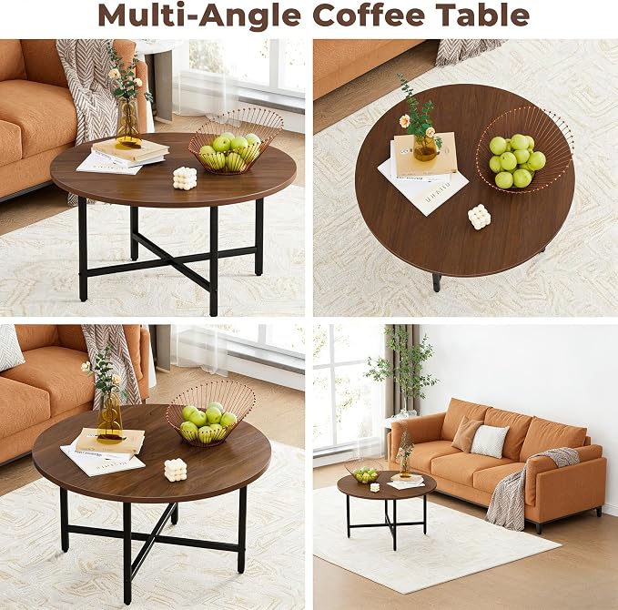 FAMIDGE Coffee Table, 23.6" Coffee Tables for Living Room, Round Coffee Table with Metal Frame, Floor Table for Sitting on The Floor, Home, Office, Dark Walnut