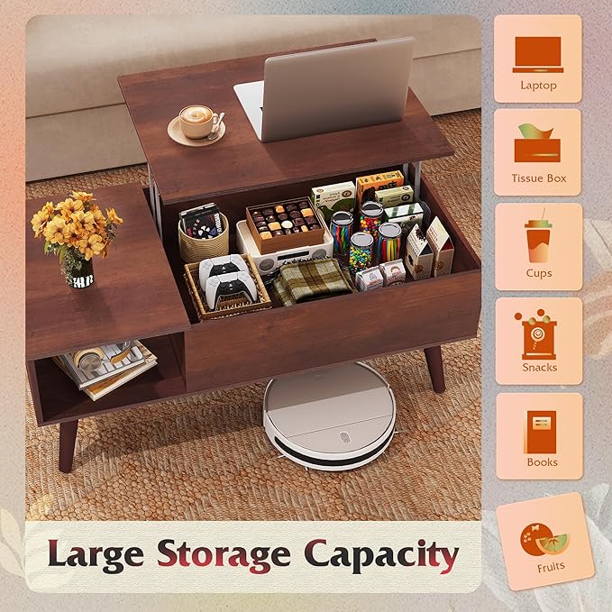 WLIVE Coffee Table for Living Room, Lift Top Coffee Table with Storage, Small Rising Wooden Dining Center Table with Storage Shelf & Hidden Compartment, 39" Espresso