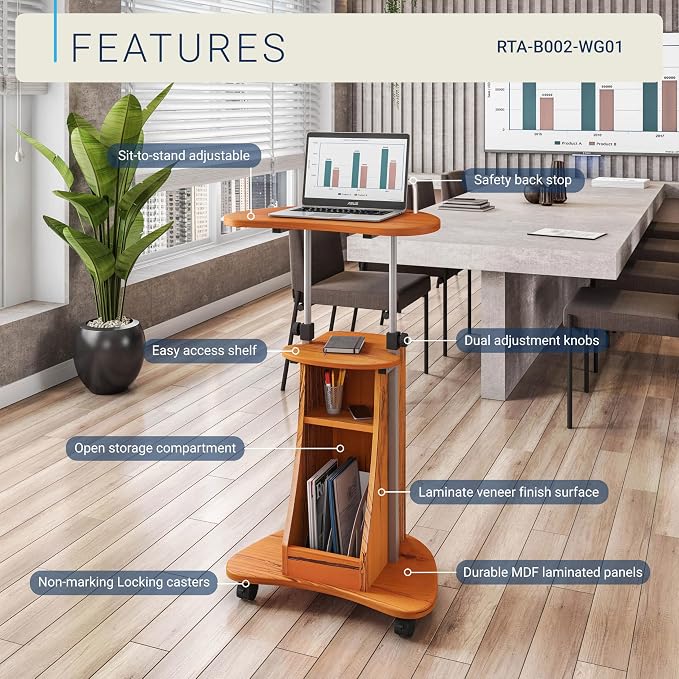 Adjustable Height Laptop Cart With Storage. Color: Woodgrain