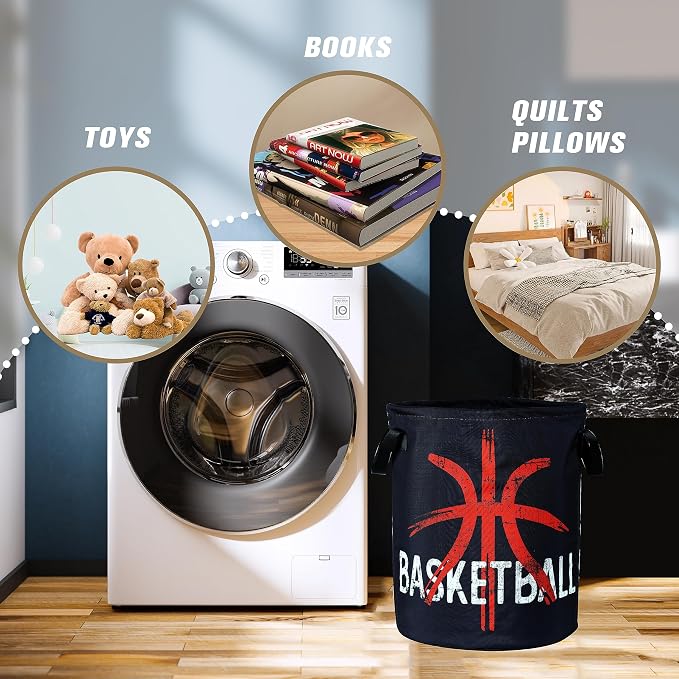 Basketball Laundry Basket Ball Foldable Oxford Cloth Funny Tote Bag Laundry Hamper Clothes Storage Bucket Organizer For Bathroom/Laundry Storage/Bedroom 18.9x16.5 Inch