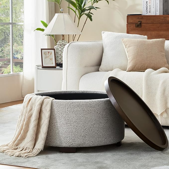 Zihanhome 30 Inch Round Storage Ottoman, Ottoman Coffee Table with Lift Off Lid, Boucle Modern Ottomans with Storage for Living Room, Bedroom, Apartments (White and Gray Striped)