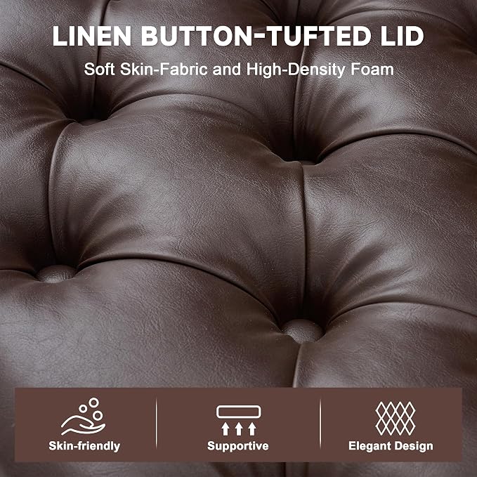 Mangodan 43" Storage Ottoman Bench, Tufted Ottoman with Storage for Living Room, Large End of Bed Ottomans, Modern Entryway Benchs, Window & Bedroom Benches for Foot of Bed (Faux Leather Dark Brown)
