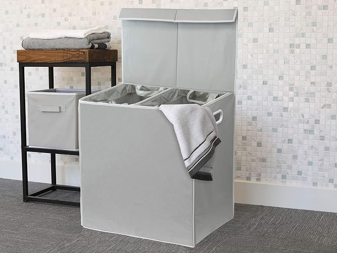 Simple Houseware Double Laundry Hamper with Lid and Removable Bags, Grey