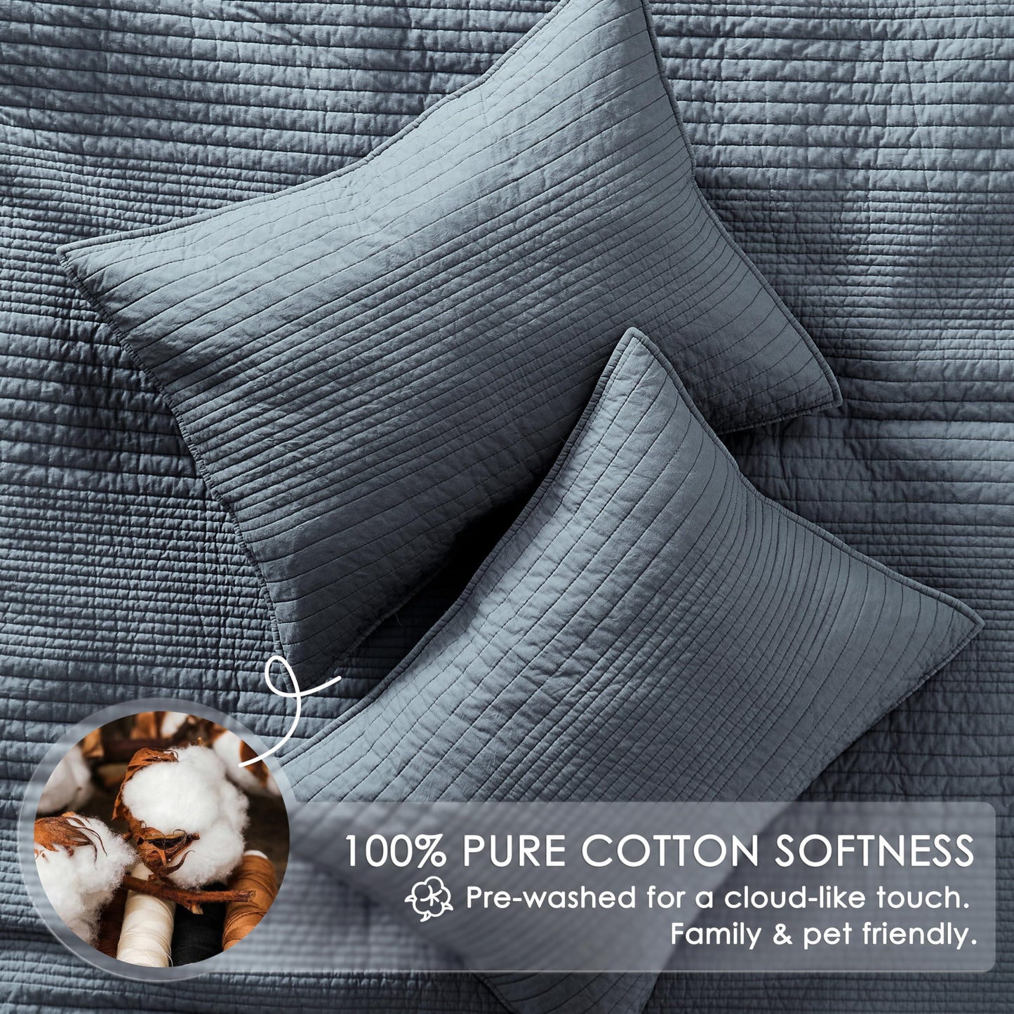 palassio Striped Blue Grey 100% Cotton Quilt Queen Size Bedding Sets, Lightweight Crinkly Channel Pick Stitch Textured Bedspread Soft Shabby Chic Farmhouse Country Coverlet for All Season, 2 Shams