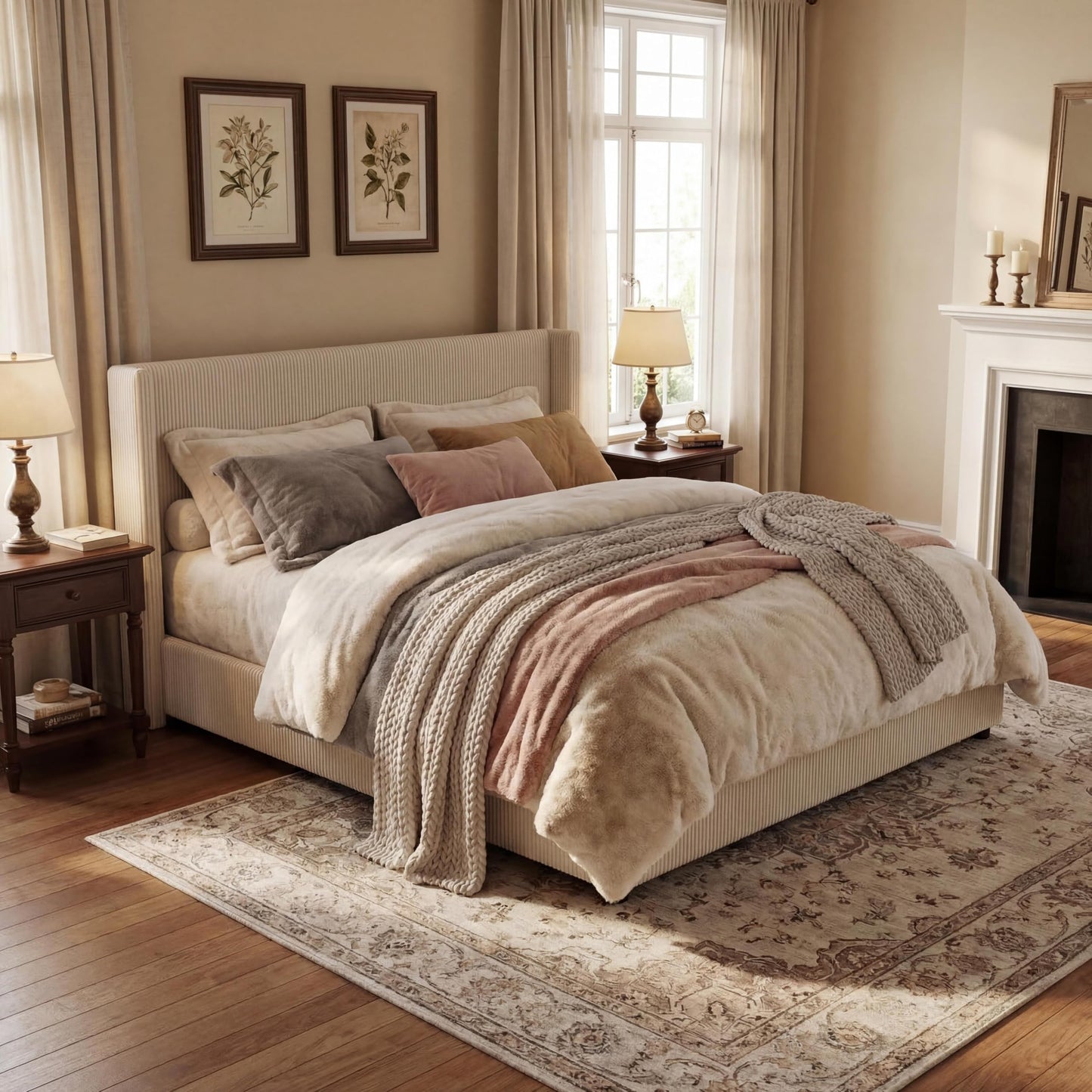 IDEALHOUSE King Size Bed Frame with Storage Drawers, Corduroy Upholstered Platform Bedframe with Wingback, Headboard and Footboard, No Box Spring Needed, Beige