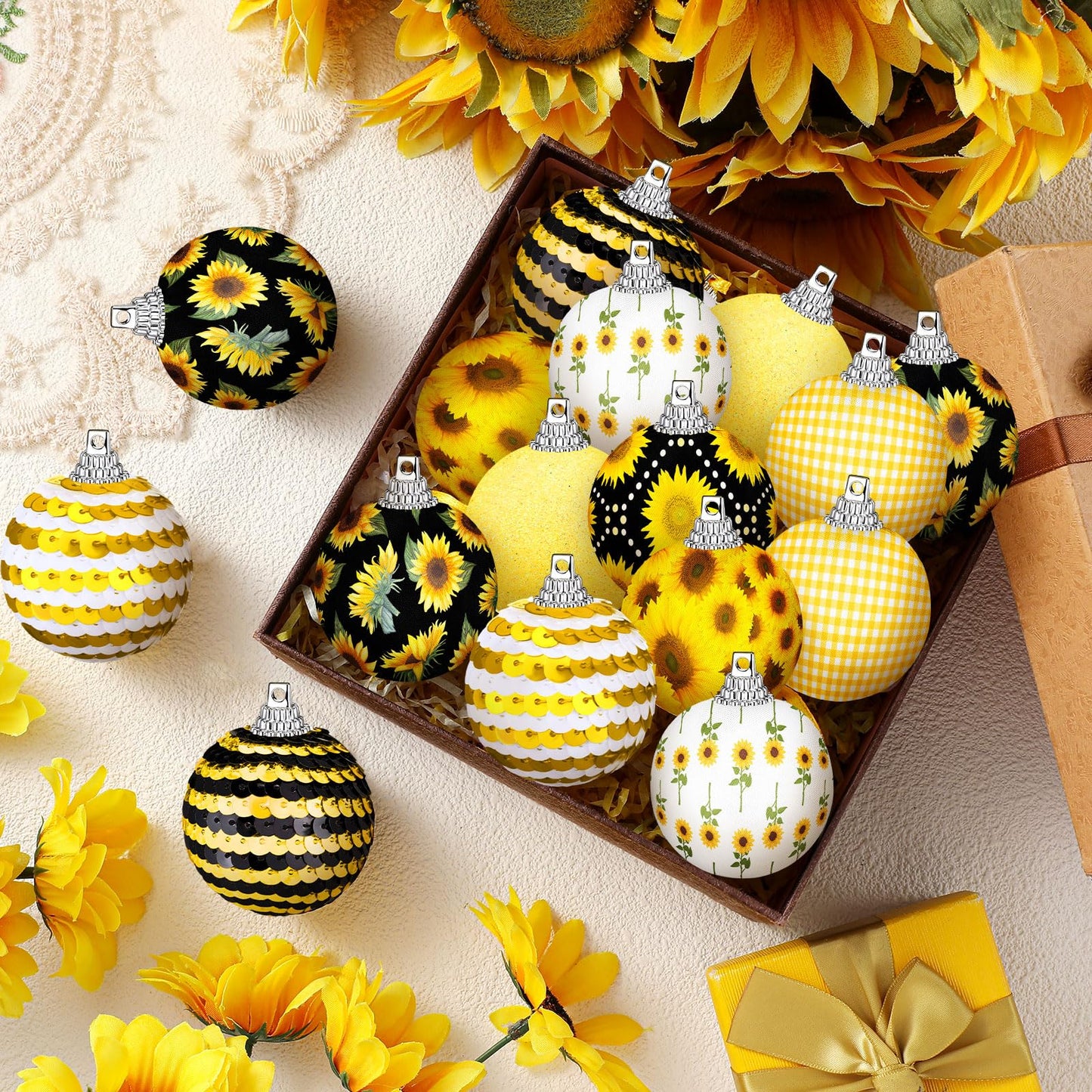 Zeyune 16 Pcs Sunflower Tree Ornaments Summer Decorations for Small Tree Yellow Sequin Ball Ornaments Sunflower Hanging Decorations with Ropes for Summer Holiday Party Supplies(Cute)