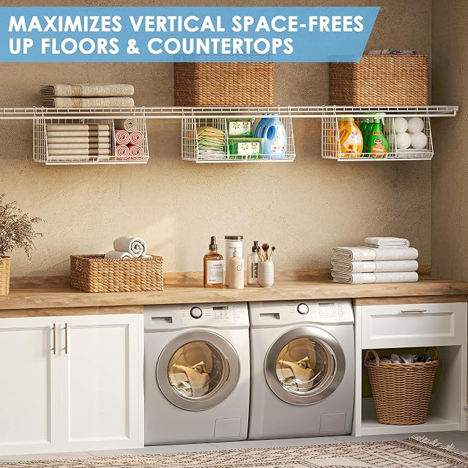 23.62” Extra-Long Under-Shelf Hanging Laundry Basket Organizer, 3-Pack Space-Saving Laundry Organizer, Fits Wire Shelving (Rod Diameter < 0.38”), Modular with Dividers for Custom Laundry Organization