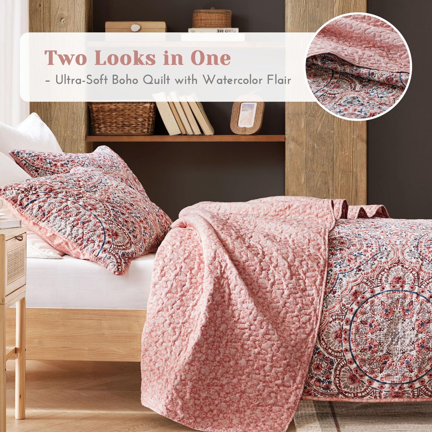 Comfort Spaces Valerie Boho Quilt Set Twin/Twin XL Pink - Soft Reversible Watercolor Medallion Bedding, Lightweight All Season Bedspread for Kids Teens Dorm Guest Room