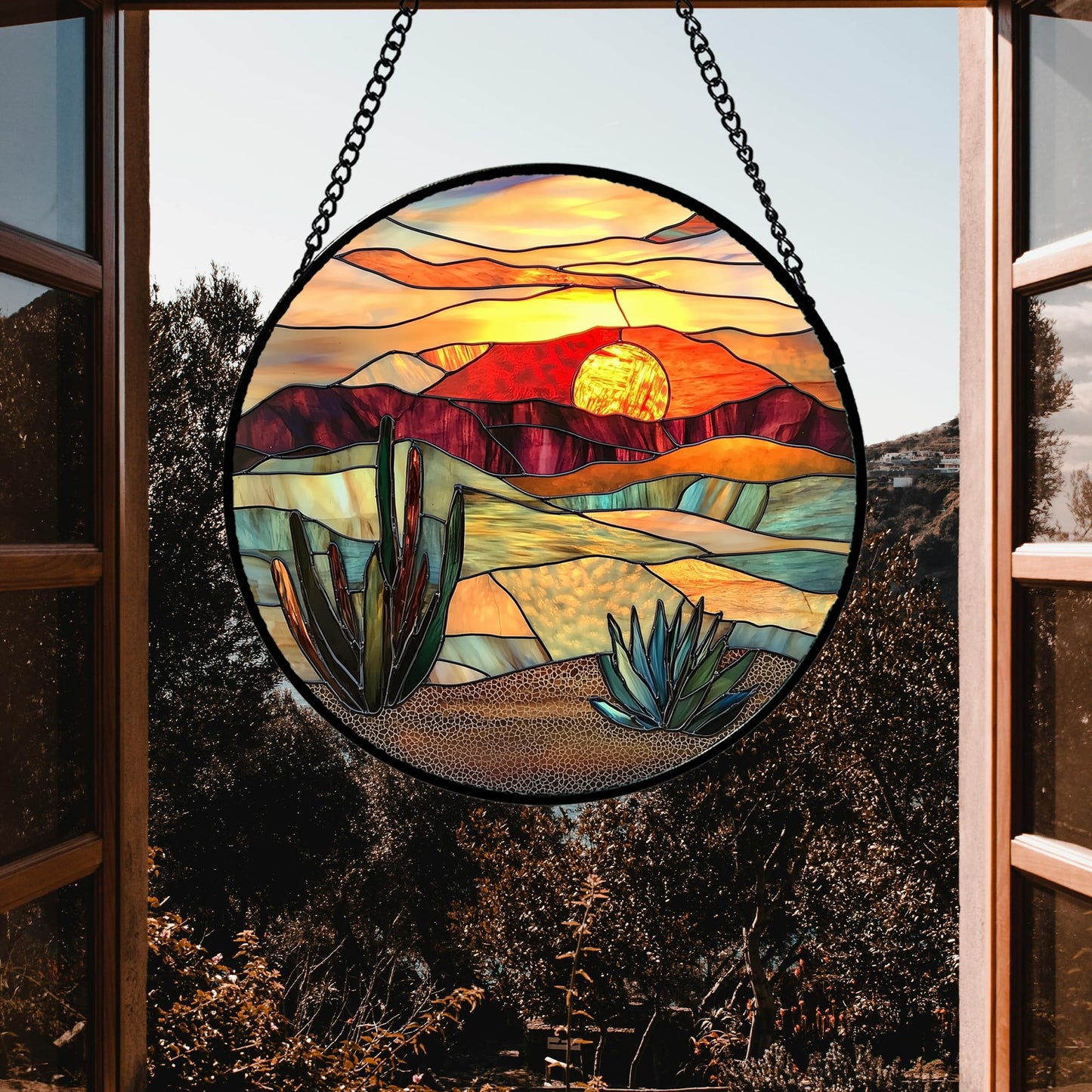 DASTOLL Stained Glass Window Hanging, Desert Scenery Lake Suncatcher for Doors Window Home Tan Tree Sun Catchers Decoration Mother's Day Birthday Gifts for Women, Men, and Mom 6.3 in
