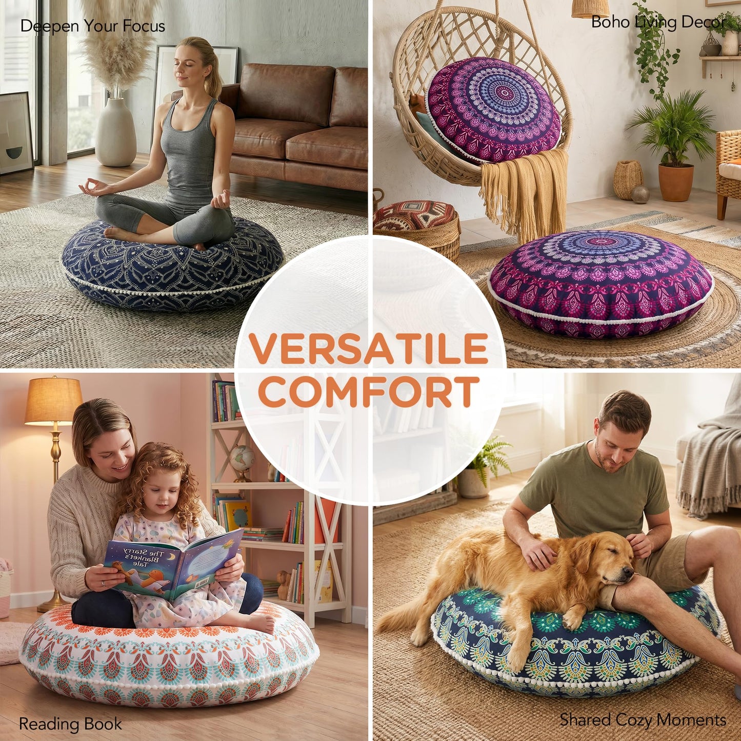 Codi Floor Pillows for Adults Set of 2, Large Boho Meditation Cushions with Memory Foam, Round Mandala Seating for Outdoor Yoga and Living Room, Washable, 32 Inch, Coral