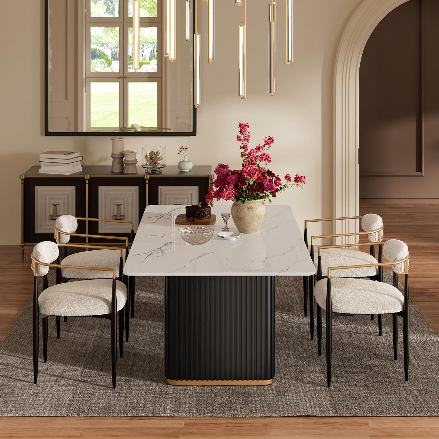 Morden Fort Marble Dining Table for 6, 70 Inch Modern Kitchen Table with Black Fluted Base and Gold Trim for Ktichen, Dining Room and Reception