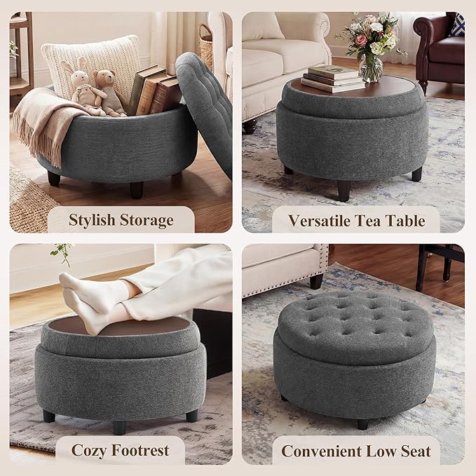 COLAMY Fabric Round Storage Ottoman with Reversible Tray Lid – Multi-Functional Footrest, Hidden Storage, Sturdy & Stylish Small Coffee Table for Living Room, Bedroom, or Entryway(Dark Grey)
