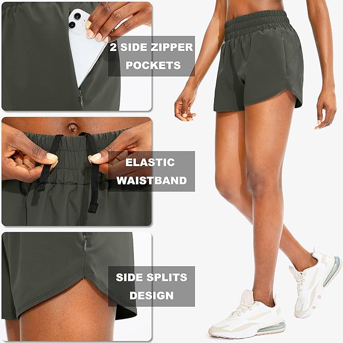 SANTINY Women's Running Shorts with Zip Pockets High Waisted Athletic Workout Gym Shorts for Women with Liner