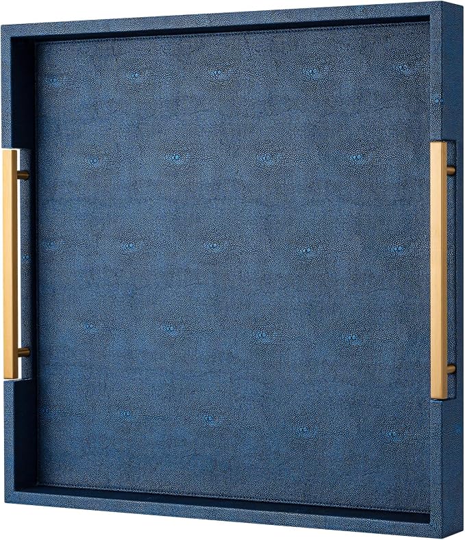 Navy Blue Faux Leather Large Square Decorative Serving Tray with Handles – for Coffee Table, Ottoman, Living Room, Bathroom & Home Decor