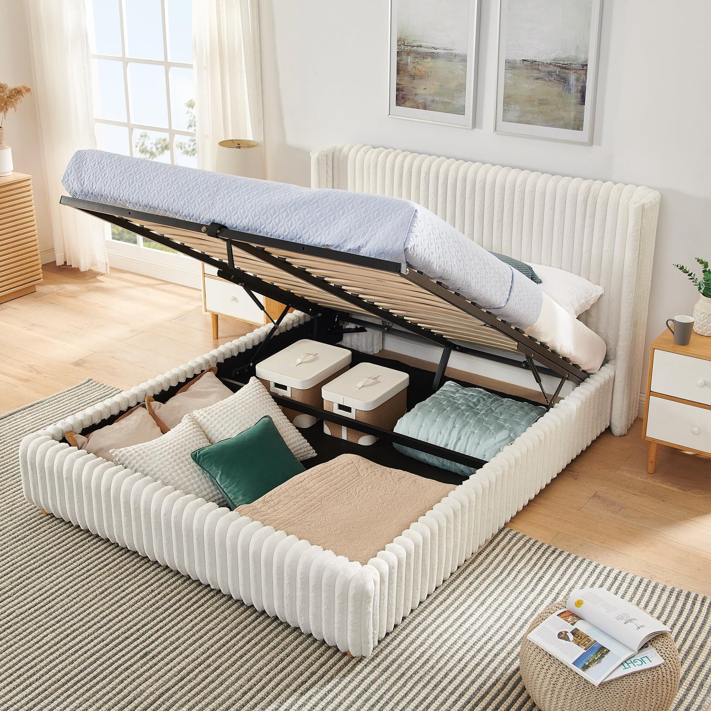 Tabaray Queen Bed Frame with Storage, Upholstered Platform Bed Frame with Plush Rabbit Fur Headboard, Adult Floor Bedframe with Wooden Slats Support, No Box Spring Needed for Bedroom, Apartment, Beige