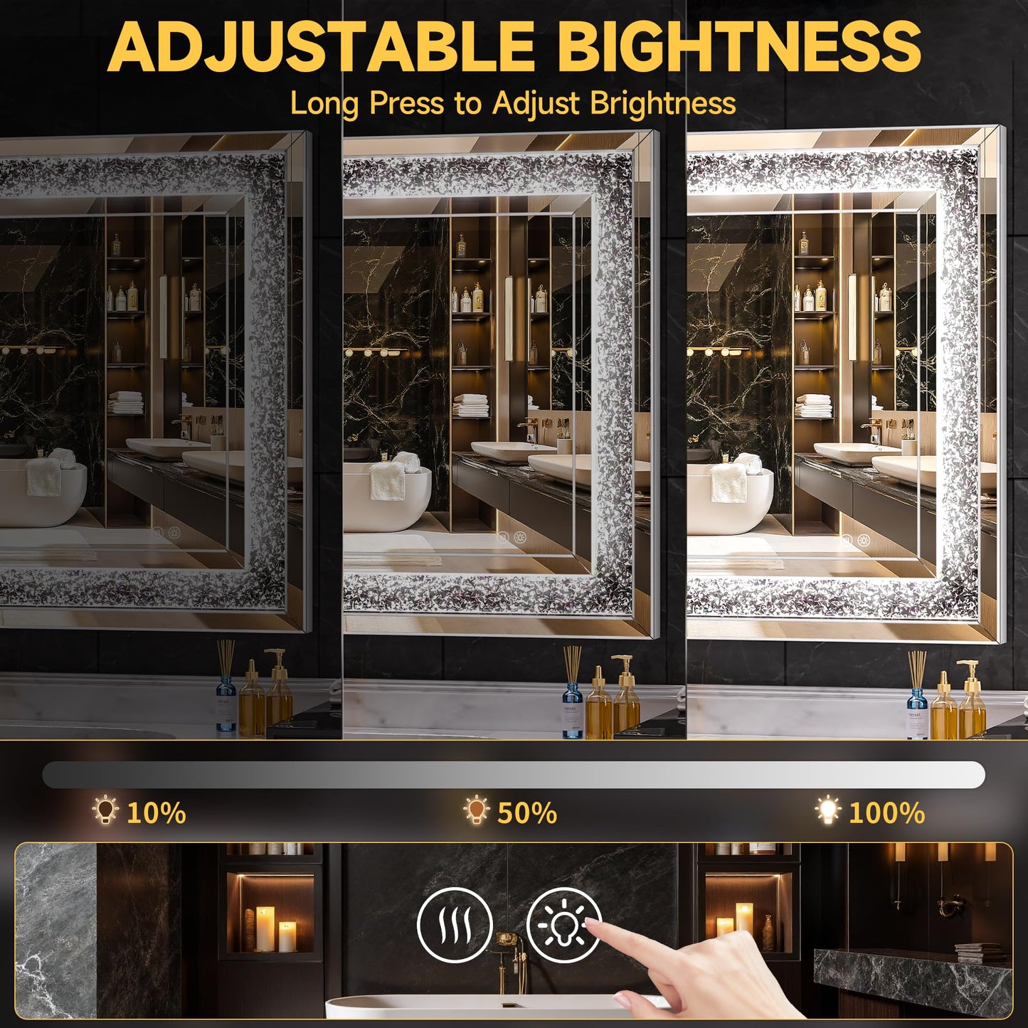 WINNICE 47" x 26" LED Diamond Wall Mirror with Dimming & Anti-Fog, Large Crystal Decorative Mirror for Bathroom, Bedroom, Living Room, Vertical or Horizontal Wall Mount