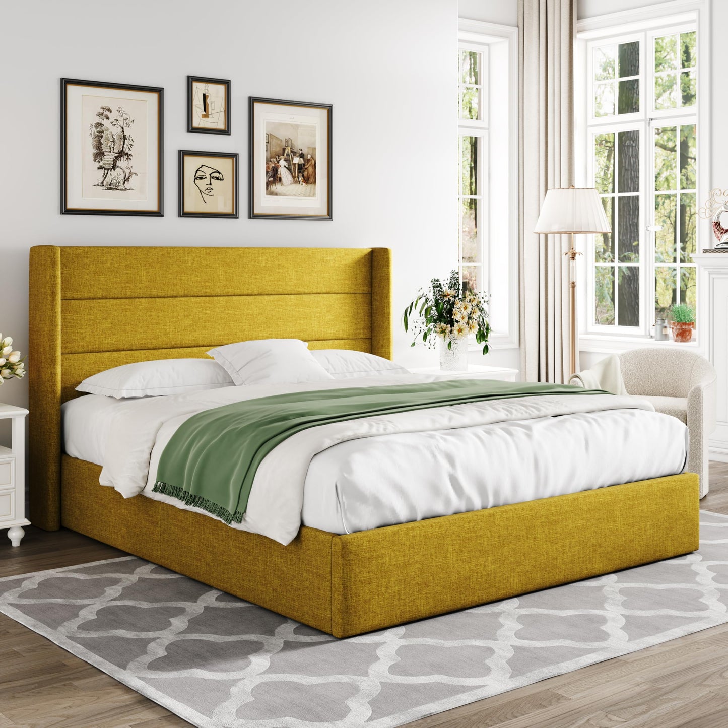 Allewie Queen Size Lift Up Storage Bed, Modern Wingback Headboard, Hydraulic Support, No Box Spring Needed, Olive Yellow