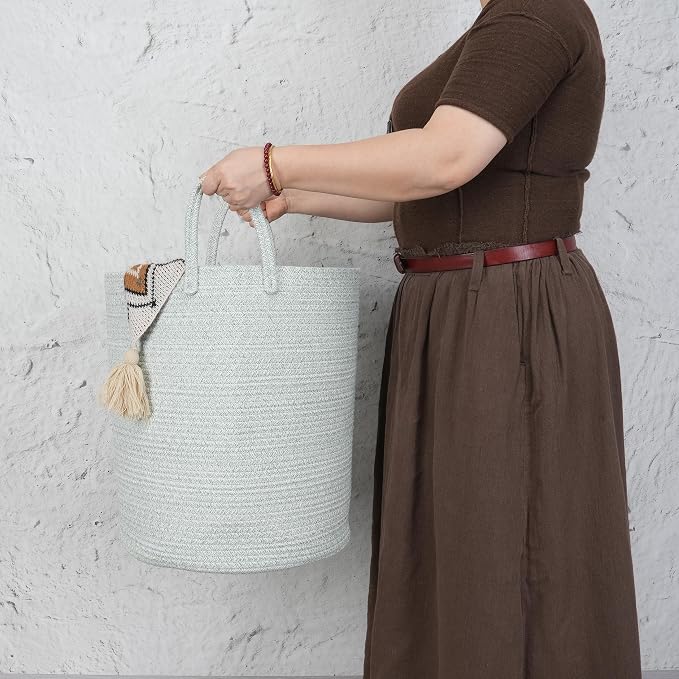 XUANGUO Cotton Rope Laundry Basket Hamper for Clothes Woven Storage Basket for Living Room Bedroom Boho Tall Rope Baskets for Blanket Toys Pillow Towels Baby Nursery Hamper Bin green