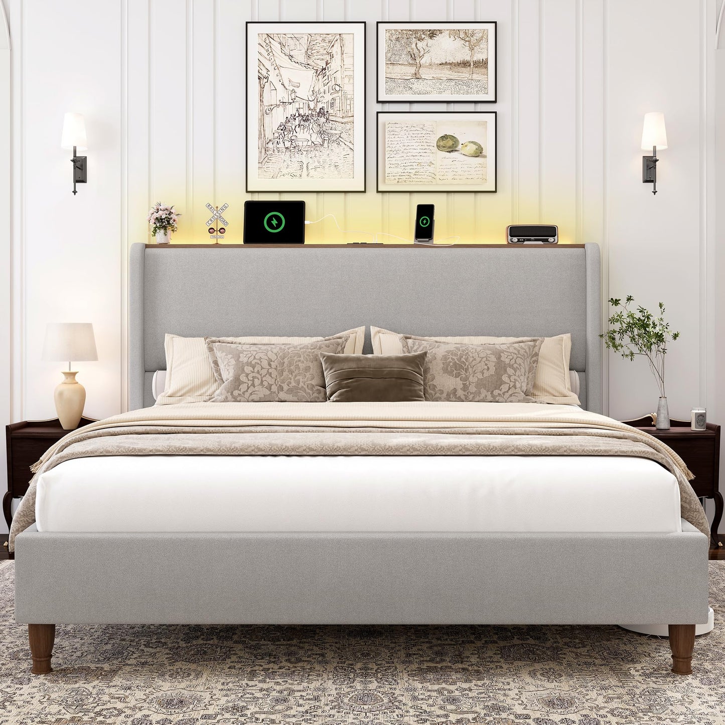 LARMACE Queen Size Bed Frame with LED Lights and Charging Station Linen Upholstered Platform Bed Frame with 51.2" Tall Wingback Headboard and Storage Shelf, No Box Spring Needed, Easy Assembly, Grey