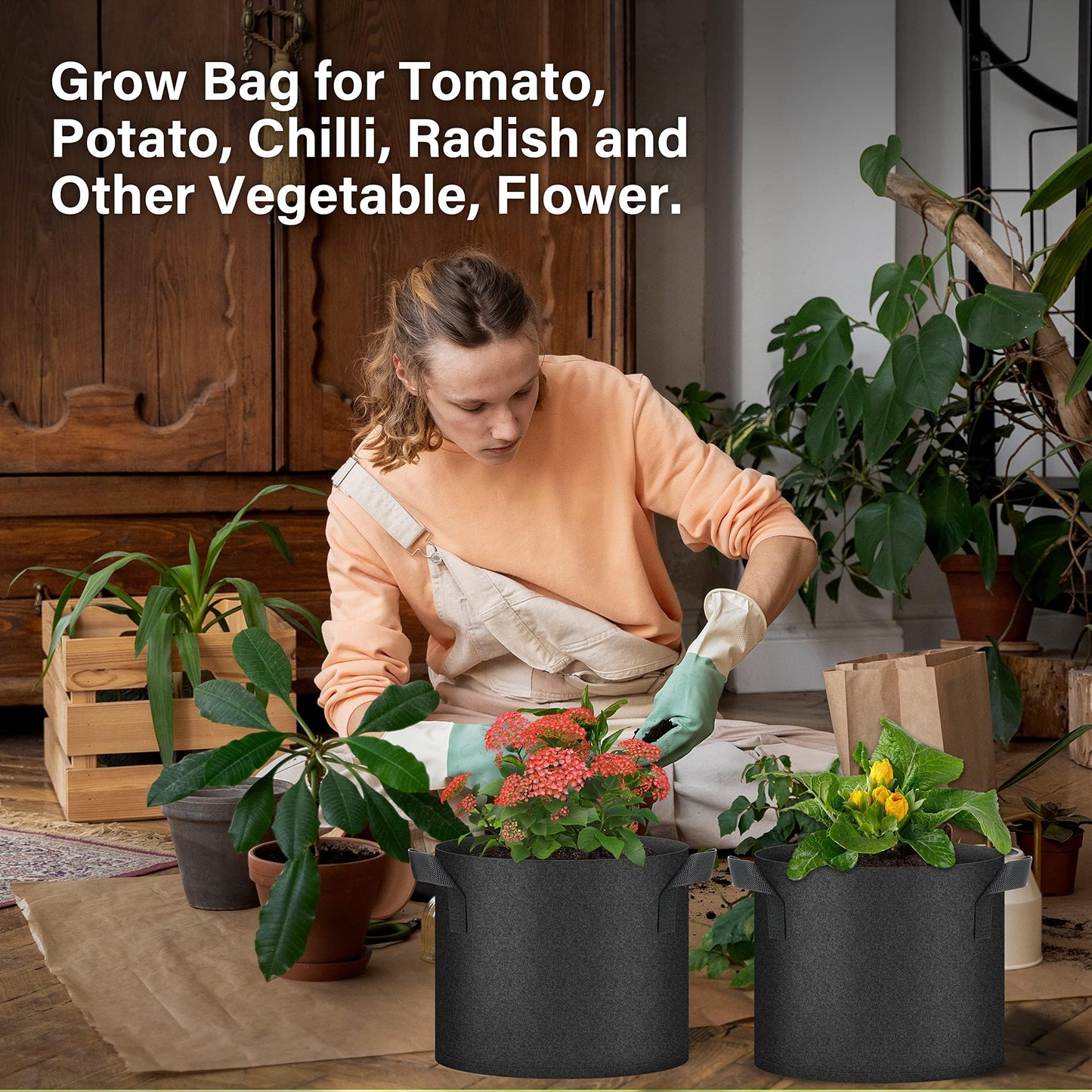 HealSmart Plant Grow Bags 7 Gallon, Tomoato Planter Pots 5-Pack with Handles, Aeration Nonwoven Fabric, Heavy Duty Gardening Planter for Vegetable, Herbs and Flowers, Black New