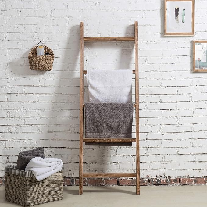 MyGift 4ft Tall Rustic Burnt Natural Wood Wall Leaning Blanket Ladder Shelf with 5 Rungs, Decorative Living Room Throw and Quilt Holder, Farmhouse Bedroom Decor
