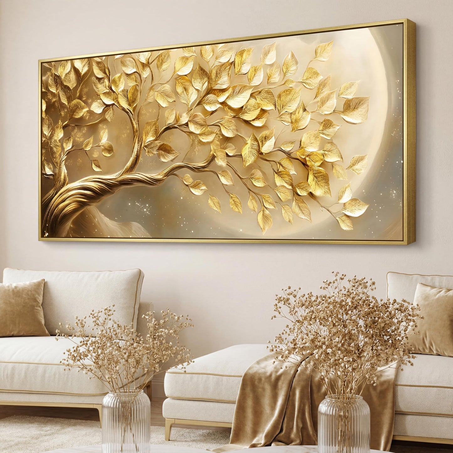 BirdSuite Gold Framed Golden Leaf Money Tree Wall Art, Luxury 3D Effect Canvas Print, Ready to Hang Wall Decor for Living Room Bedroom Office Dining Room Entryway, 48x24 Inch
