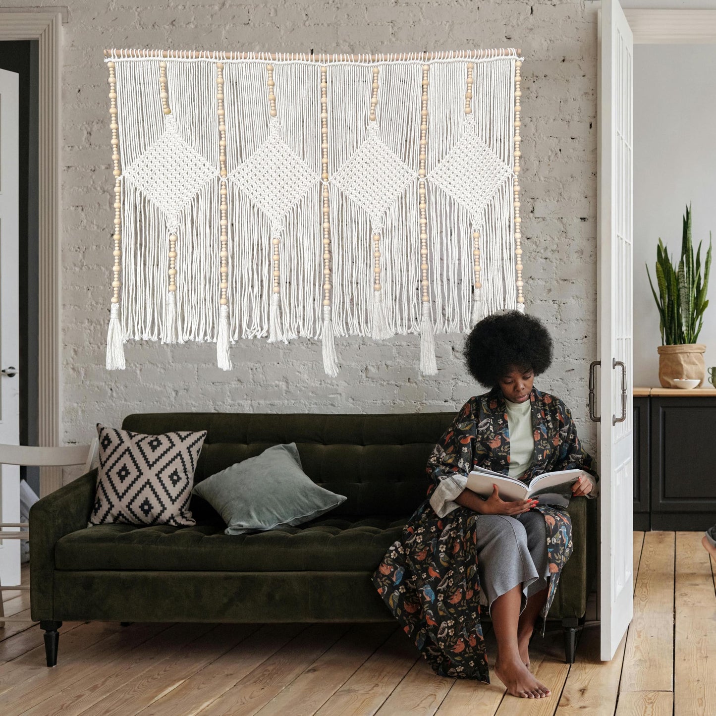 kiido Large Macrame Wall Hanging 47"×33" Boho Tapestry Woven Wall Decor- Cotton Tassel Macrame Curtain Beige Chic Bohemian Wall Art for Home Living Room Bedroom Dorm Wedding (Includes Hanging Rod)