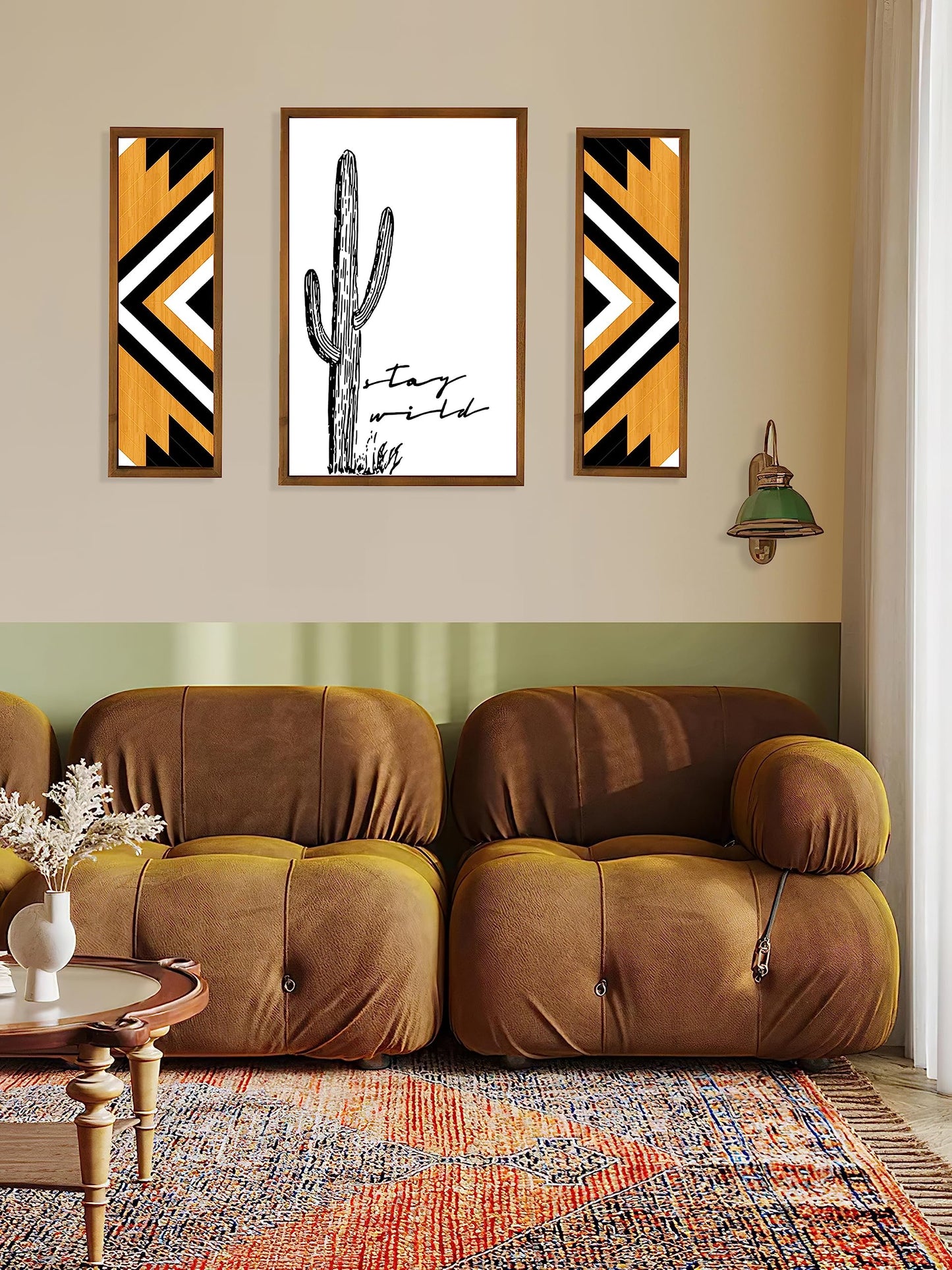 flangairy Cactus Wall Art, Wood Western Wall Decor, Black White Boho Southwestern Aztec Desert Artwork Framed, Living Room Neutral Southwest Home Decorations