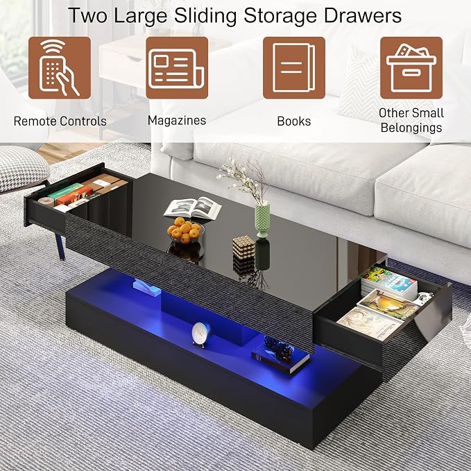 Uspeedy 47.3in Large High Glossy LED Coffee Table with 2 Storage Drawers,Black/White Modern Coffee Tables for Living Room,Living Room Tables,APP LED Lights (Black)