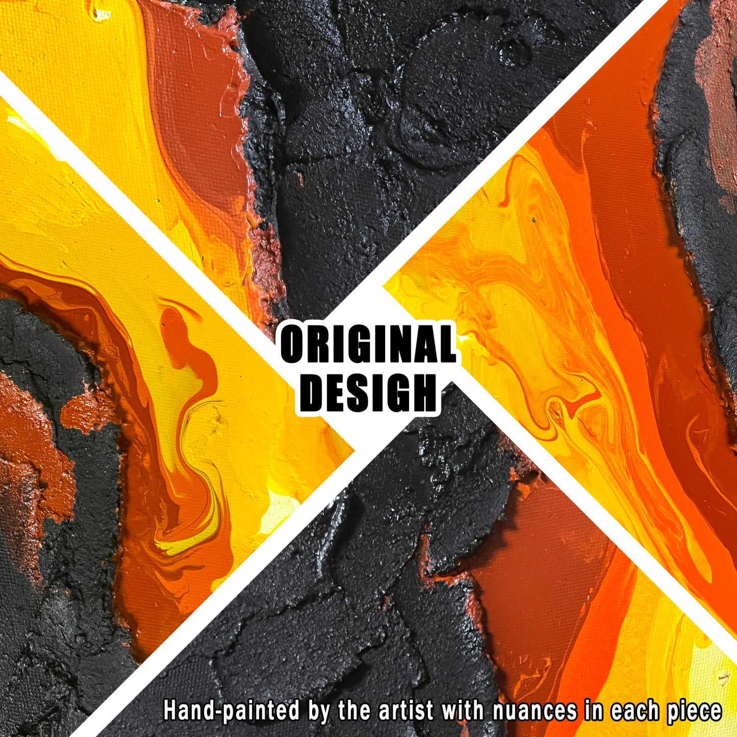 GUGIKA Abstract Wall Art for Living Room, Hand Painted 3D Textured Magma Paintings, Black and Gold Yellow Volcanic Lava Canvas Wall-Decor for Bedroom, Size 40 x 20 Inches