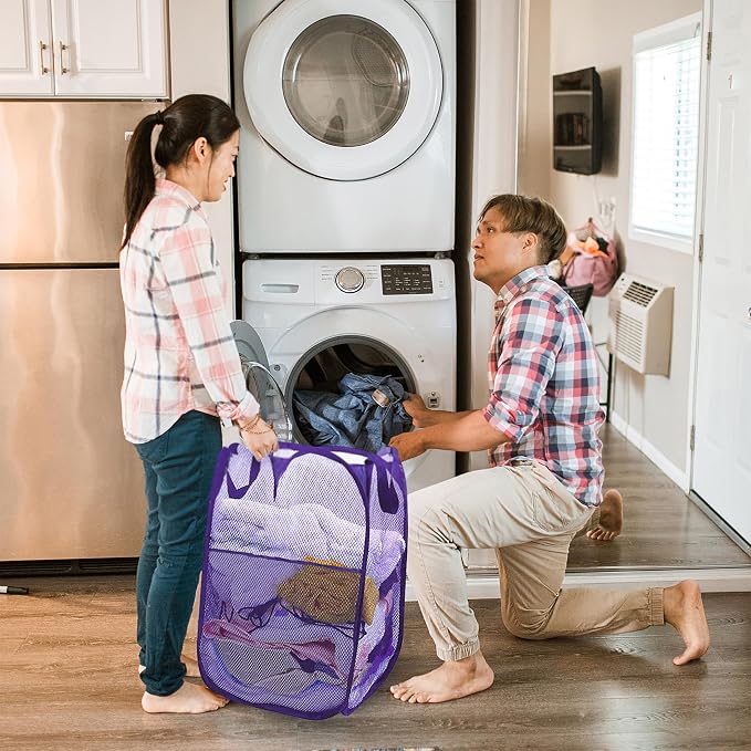 Collapsible Pop Up Laundry Hamper, Extra Large Mesh Foldable Laundry Basket, 28" x 16" x 16"(Purple)