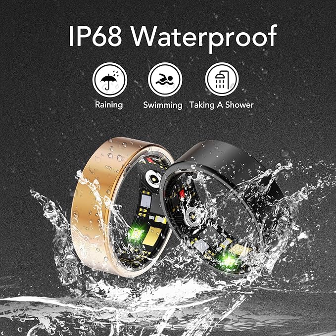 Smart Health Ring for Women Men Fitness Tracker with Heart Rate, Blood Oxygen, Blood Pressure, Sleep Monitoring, Step Counting, IP68 Waterproof for iPhone and Android, No Subscription Fee, Black 6#