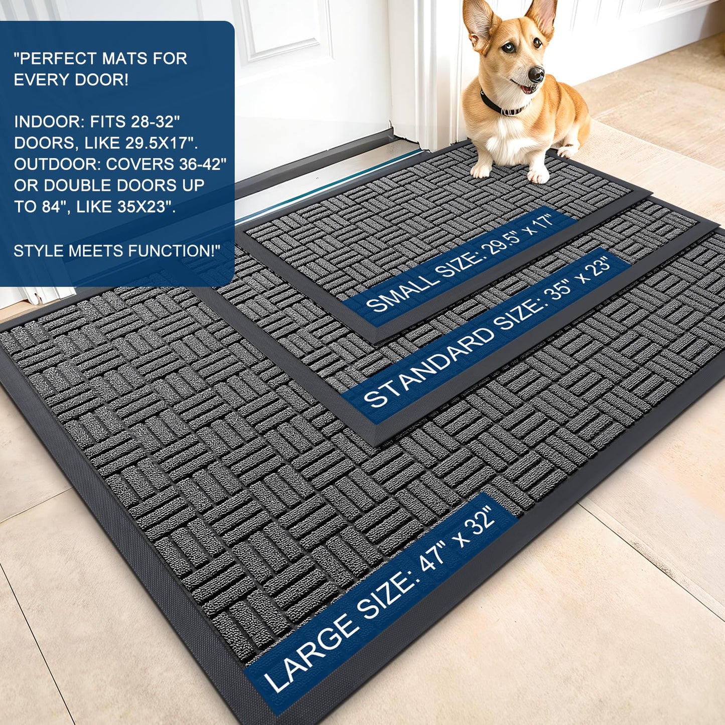 OLANLY Front Door Mat Outside Entrance 29.5x17, Absorbent, Heavy Duty Sturdy Natural Rubber Doormat Indoor Outdoor, Stain and Fade Resistant, Non-Slip Backing Low Profile Floor Mat for Entryway, Grey