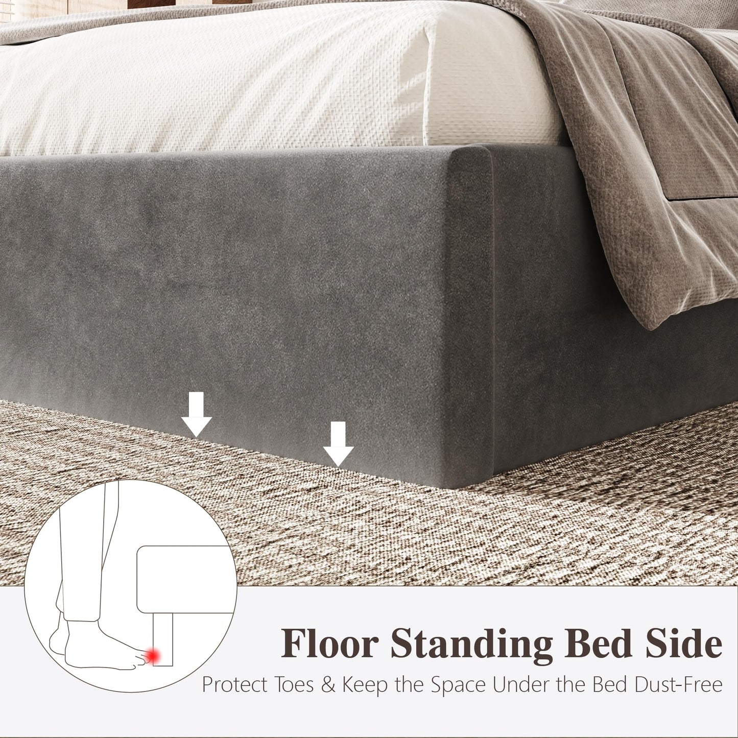 Sismplly Queen Size Cloud Bed Frame with 47" Tall Headboard, Velvet Upholstered Platform Bed with Thickened Sides & Footboard, No Box Spring Needed, Easy Assembly, Dark Gray