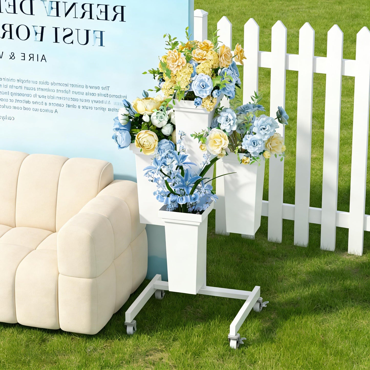 aboxoo Flower Display Stand with Buckets, Sturdy Flower Cart with Wheels, Metal Bouquet Bar for Wedding, Party, Patio, Bridal Shower