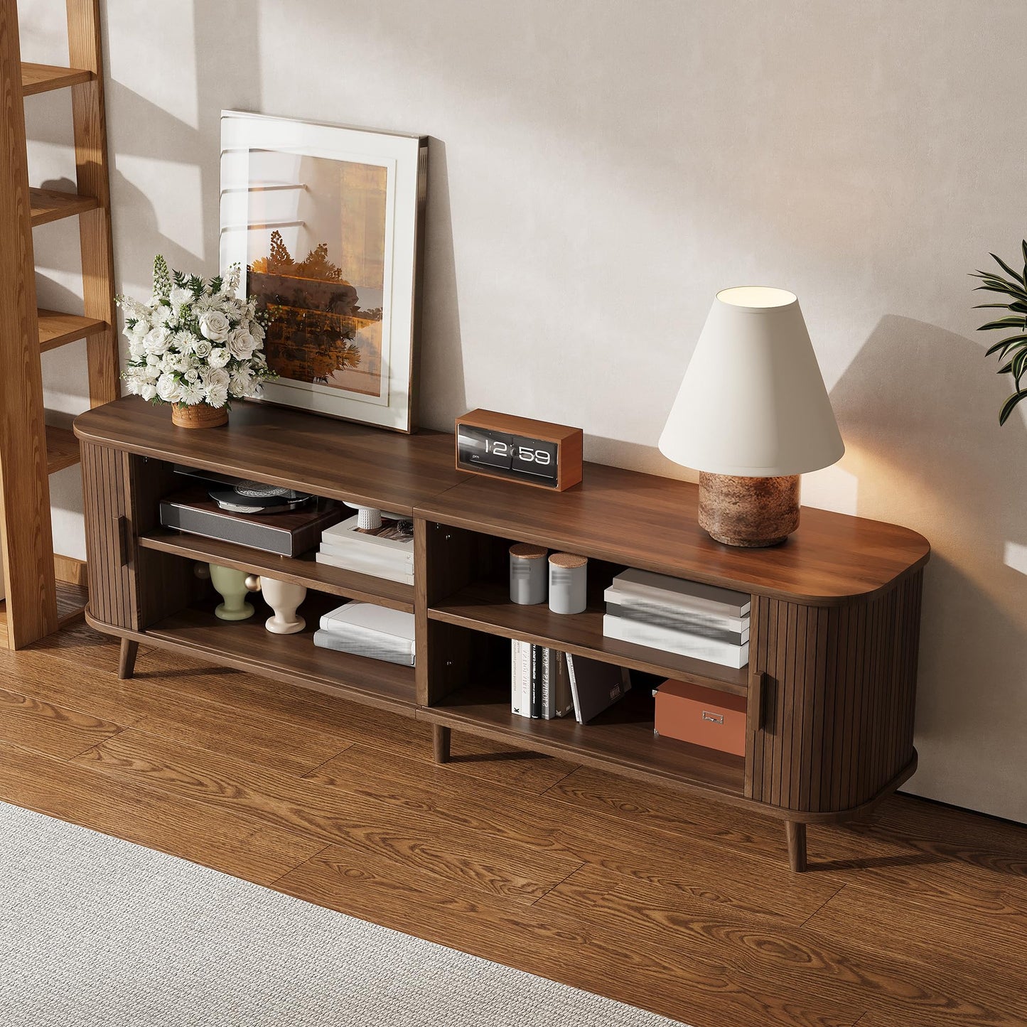 Merax 70 Inch Mid Century Modern TV Stand for TVs up to 80", Fluted Entertainment Center with Ample Storage & Sliding Doors, Curved Design Media Console for Living Room, Solid Wood Legs, Walnut
