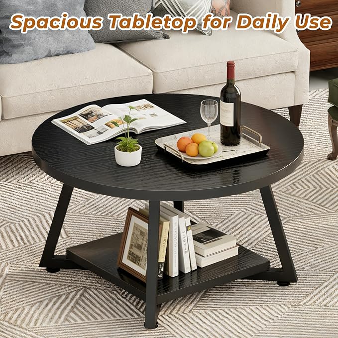Round Coffee Table for Living Room, 27.6“ Circle Coffee Table, 2-Tier Industrial Coffee Tables with Storage, Wood Coffee Table, Modern Accent Table for Apartment, Office, Small Space, Black