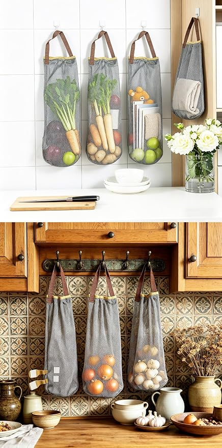 Ahyuan Hanging Mesh Storage Bags 5 Pack Onion Garlic Potatoes Net Mesh Bag Long and Large Reusable Net Produce Bags for Fruit Veggies Garbage Bag for Home RV Camper (Gray)
