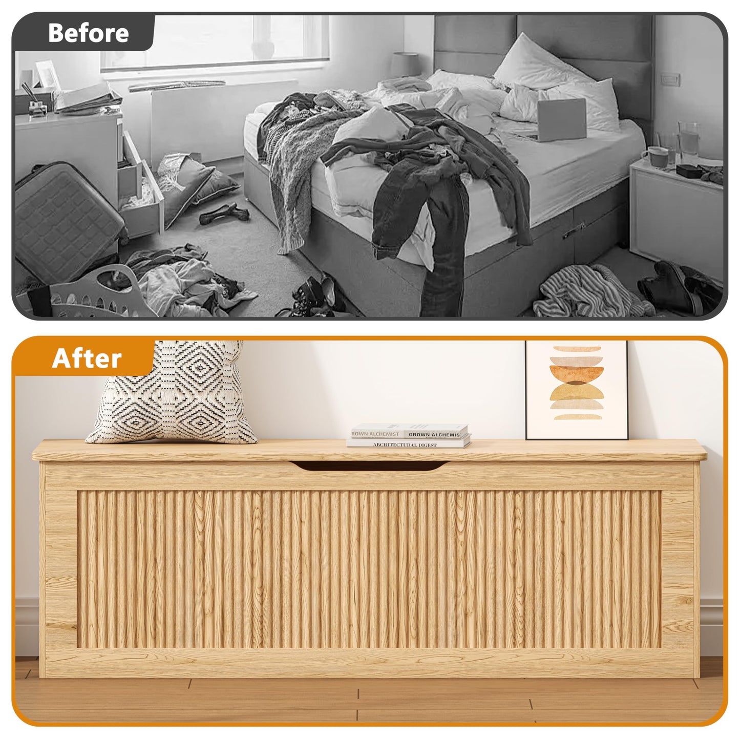 Akxomel Extra Large Fluted Storage Chest, 51.2" Storage Bench with 2 Safety Hinges, Shoe Bench, Wooden Box Bench, Long Storage Trunk with Lift Top, for Bedroom, Living Room, Entryway, Natural Oak