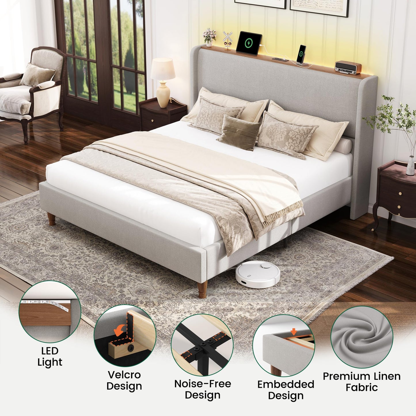 LARMACE Queen Size Bed Frame with LED Lights and Charging Station Linen Upholstered Platform Bed Frame with 51.2" Tall Wingback Headboard and Storage Shelf, No Box Spring Needed, Easy Assembly, Grey
