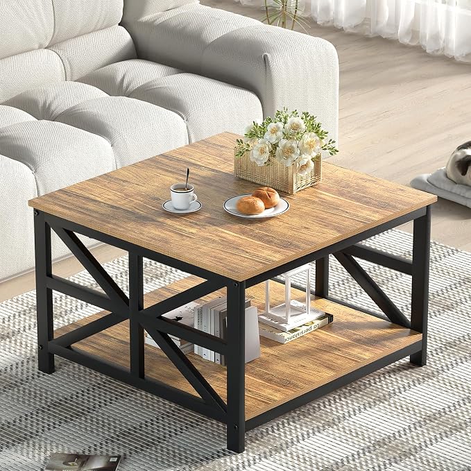 GreenForest Modern Living Room Coffee Table with 2 Tier Storage, Small Square Wood and Metal Farmhouse Center Table with Seamless One-Piece Tabletop, 27.55 Inch, Walnut