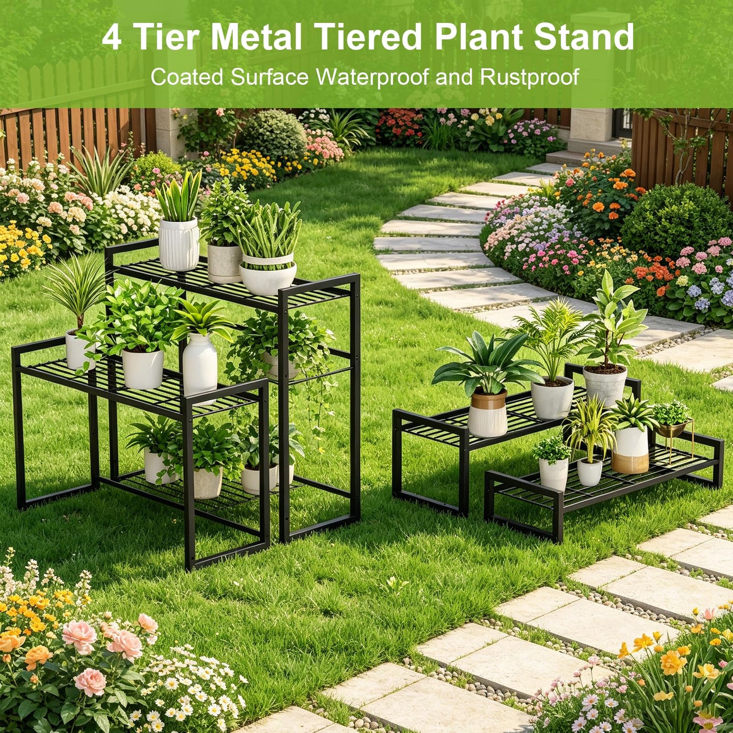 VyGrow Plant Stand, 4 Tier Widened Stackable Tiered Plant Stand, Upgraded Scalable Heavy Duty Tall Plant Shelf for Indoor Outdoor, Garden, Display Shelves, Flower Pot Holder, Black