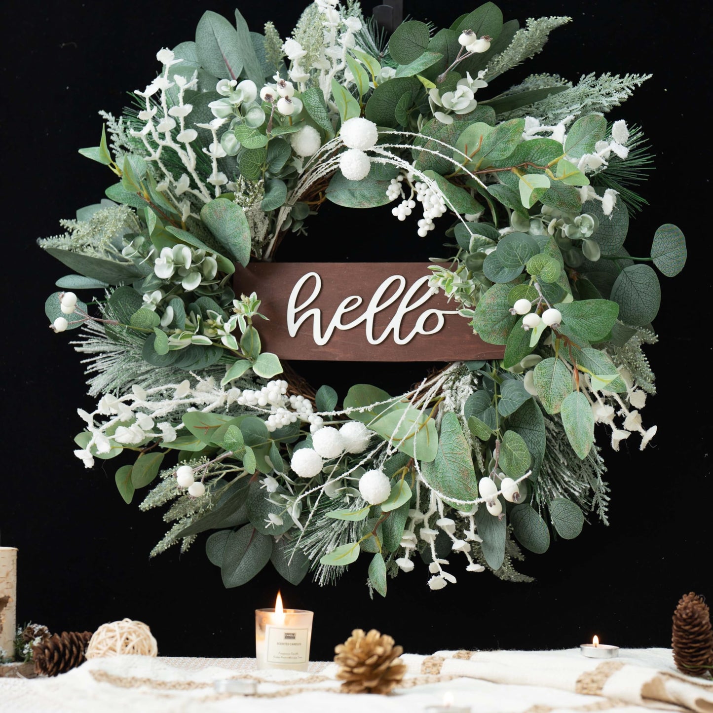 Winter Wreaths Front Door, Soomeir 24 Inch Winter Door Wreath with Snow Leaves, Pines Needles and Hello Wooden Sign for Home Window Mantle Indoor Outdoor Decor